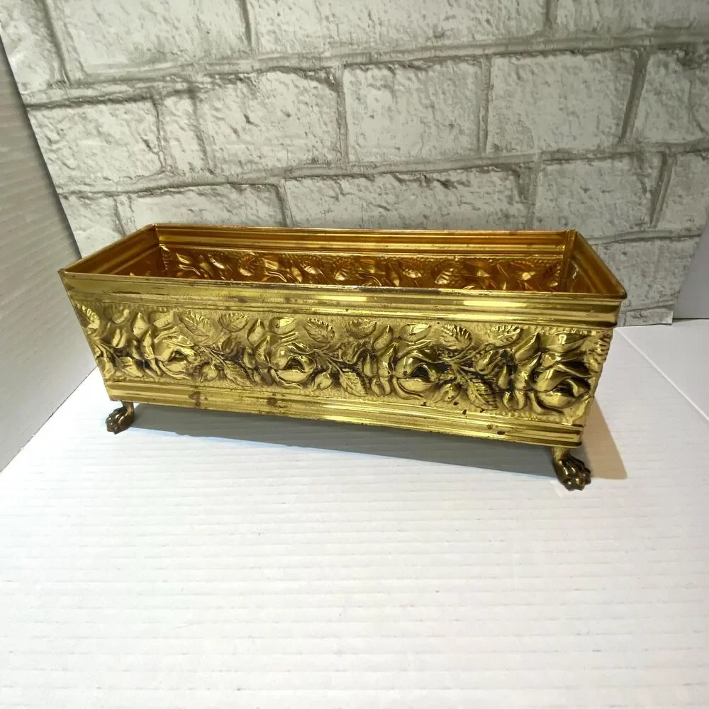 Vintage English Brass Footed Planter/Container with Embossed Rose Pattern